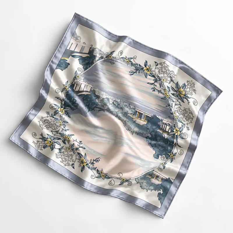 100% SILK Powder Blue and Blush Floral Vine Print Scarf