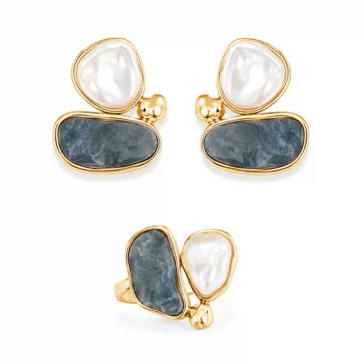 2Piece Grey Gold Earring & Ring Set