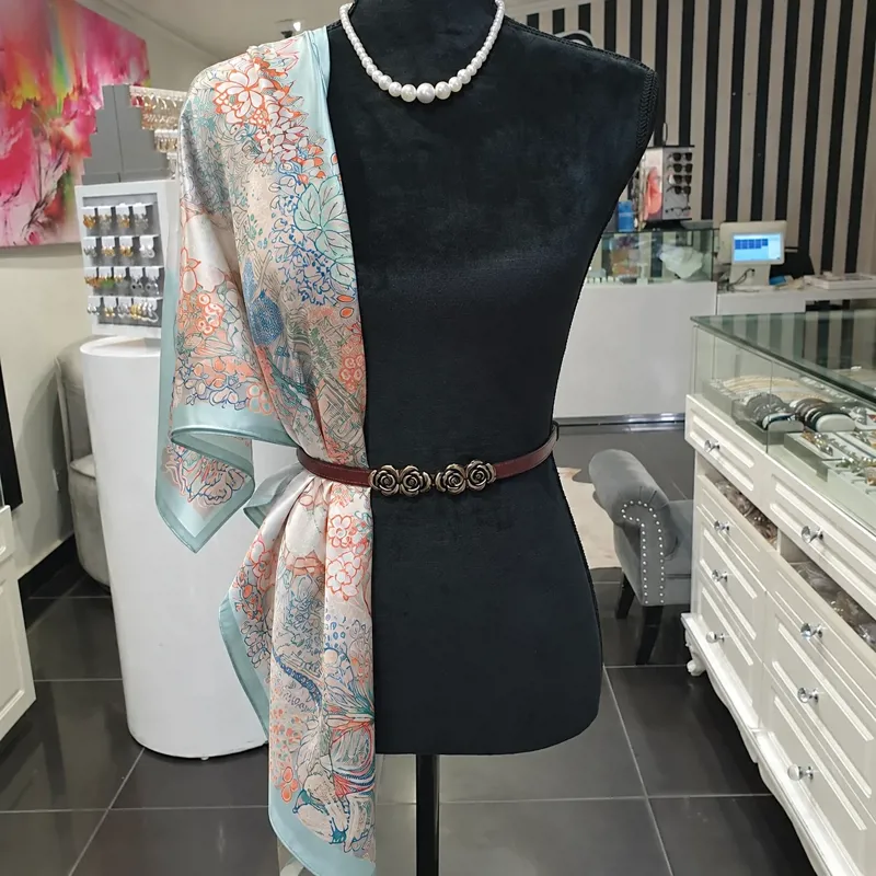 100% SILK Pink and Teal Floral Print Scarf