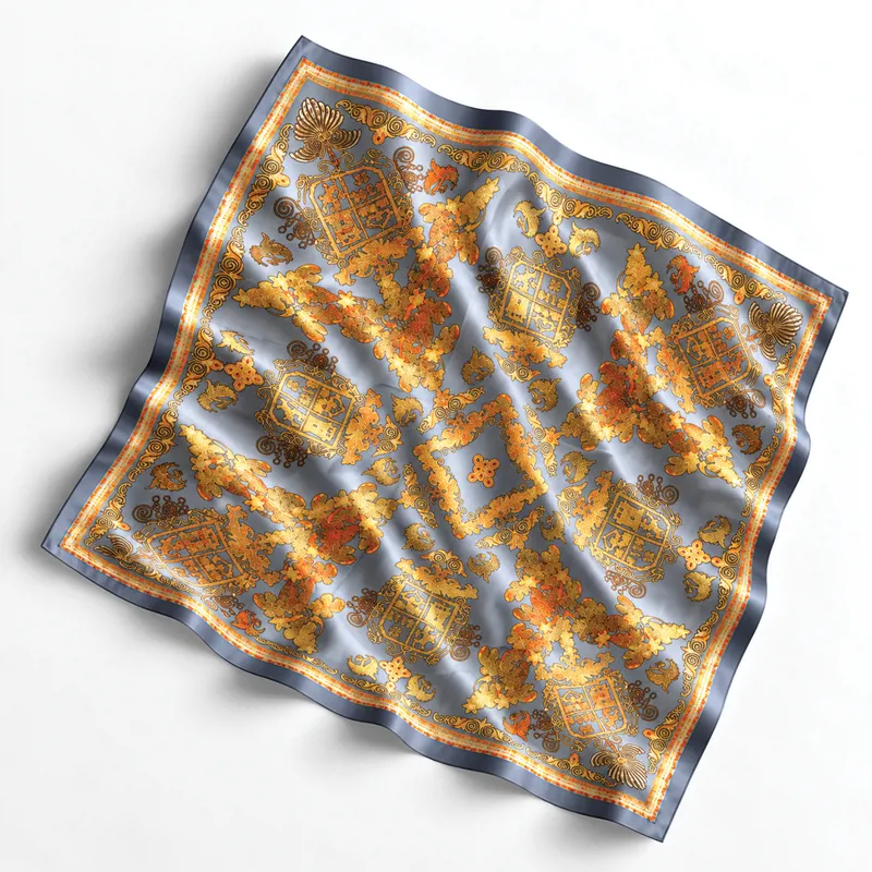 Non Silk Dusty Blue and Copper Ornamental Floral Scarf