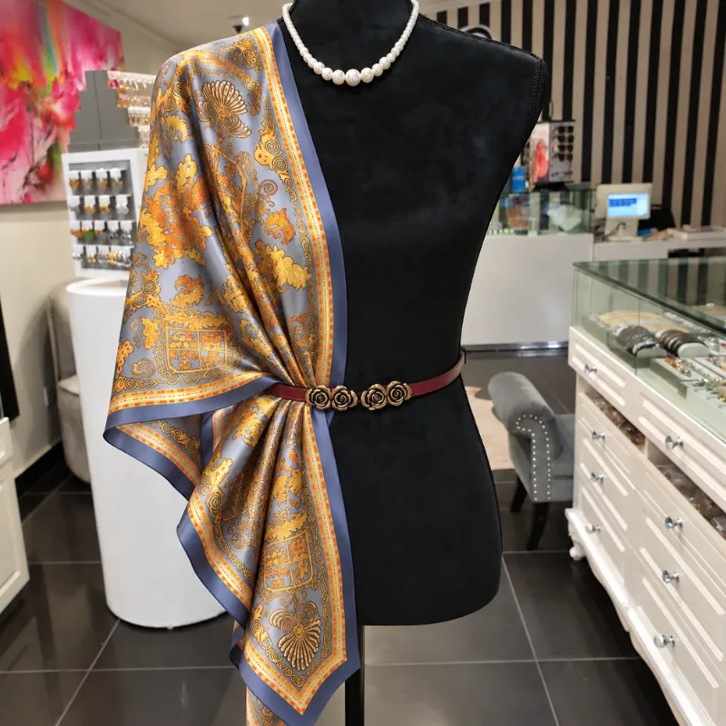 Non Silk Dusty Blue and Copper Ornamental Floral Scarf