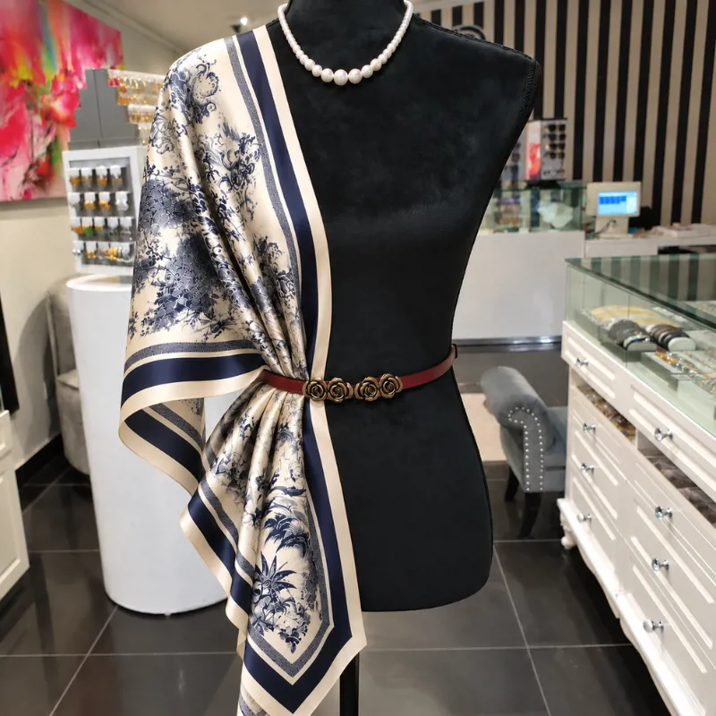 Non Silk Ivory & Navy Artistic Landscape scarf