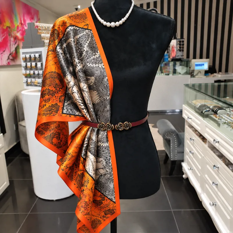 Non Silk Coral and Slate Grey Ornamental Scarf