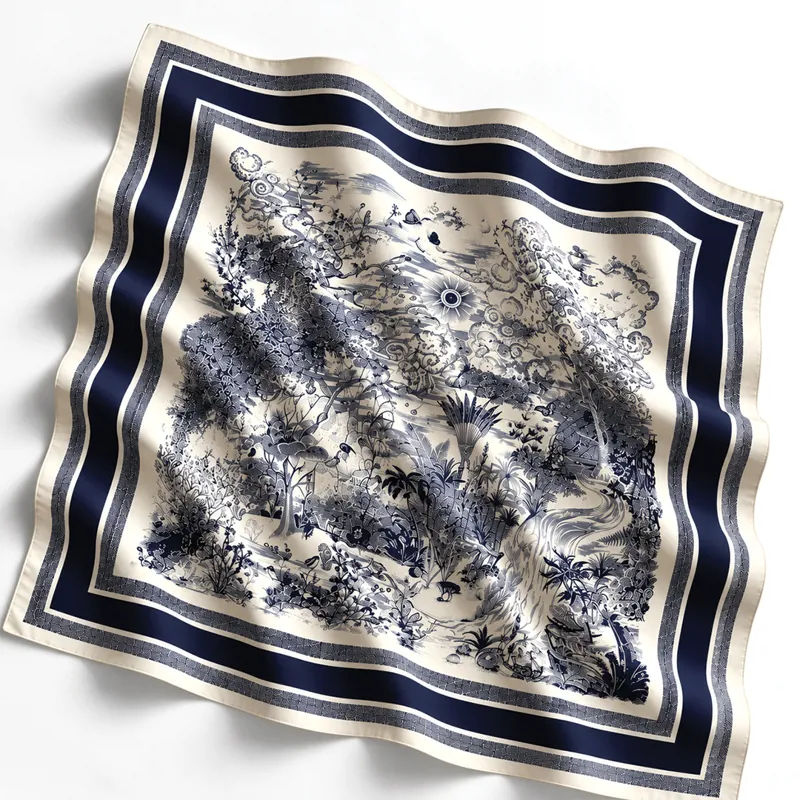 Non Silk Ivory & Navy Artistic Landscape scarf