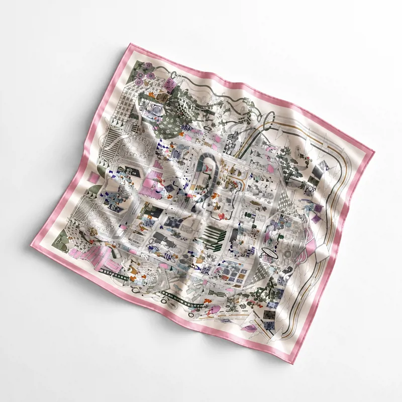 100% SILK Pink and ivory Artistic Cityscape Scarf