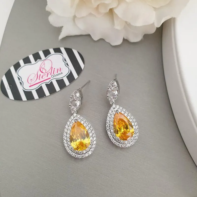 Yellow Stone Drop Silver Earrings