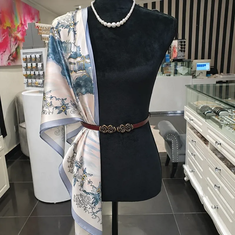 100% SILK Powder Blue and Blush Floral Vine Print Scarf