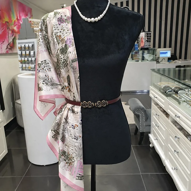 100% SILK Pink and ivory Artistic Cityscape Scarf