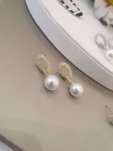 Pearl Dangle Loop Earrings view 3