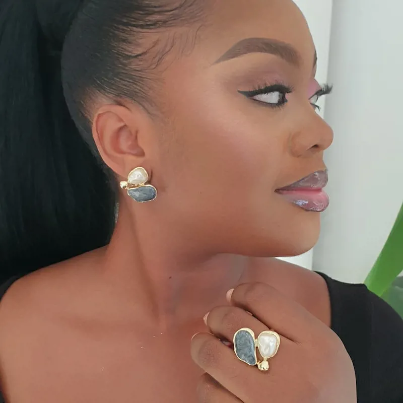2Piece Grey Gold Earring & Ring Set